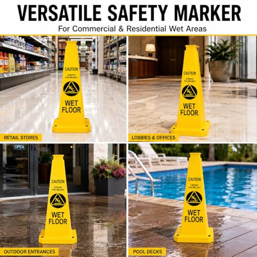 BESEA Wet Floor Sign 3 Pack, 36 Inch Heavy Duty Weighted Caution Cones - color: Yellow, size: 36INCH With Caution Sign