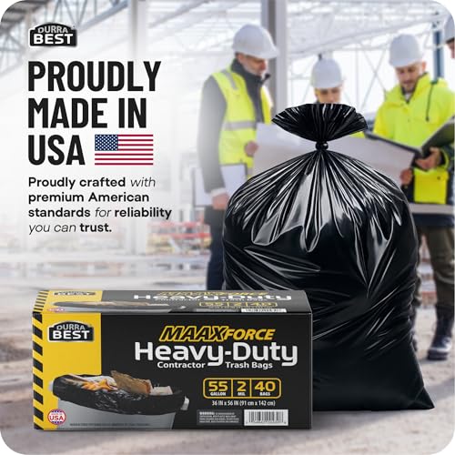 MAAXForce 55 Gallon Contractor Trash Bags | 2 Mil Heavy-Duty Black Garbage Bags | Leak-Proof, Puncture-Resistant | Made in USA | 36" x 56" Large Construction & Yard Cleanup Bags (40-Count) - style: Regular