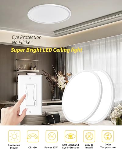 4Pack 16 Inch Dimmable LED Flush Mount Ceiling Light Panel,32W 3480LM,2700K-6000K 5 CCT Selectable,Ultra Thin Round White Ceiling Light Fixture for Hallway Kitchen Bedroom Home Office Bathroom - color: White, size: 16 INCH 4PK Dimmable 5CCT