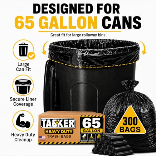 TASKER 300 Bags, 64-65 Gallon Trash Bags Heavy Duty, Large Black Garbage Bags, Wide Mouth Trash Can Liners for 60, 64, 65 and 70 Gallon Cans to Fit Toter Cart Liners for Outdoor Lawn Yard Cleanup - size: 300 Count (Pack of 1)