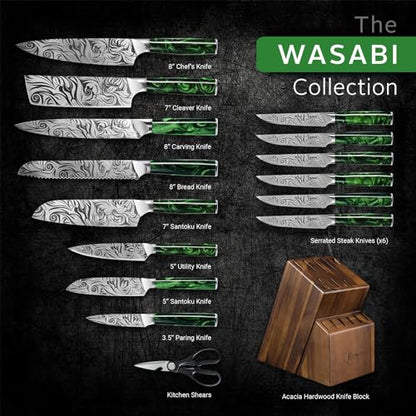 SENKEN Engraved Japanese Kitchen Knife Set with Beautiful Green Resin Wood Handles - Wasabi Collection - Chef's Knife, Bread, Cleaver, Paring, & More (16-Piece Knife Block Set) - size: 16-Piece Knife Block Set