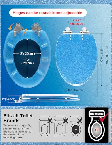 Angol Shiold ELONGATED Blue Glitter Resin Slow Close Toilet Seat 18.5Inch - color: Blue Glitter