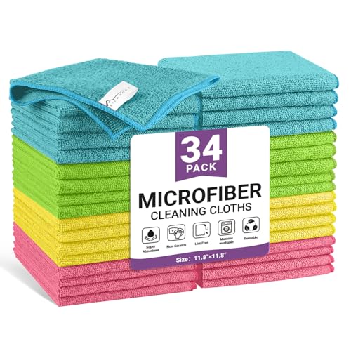 34 Pack Microfiber Cleaning Cloth, 4 Assorted Colors Cleaning Rags for Housekeeping, Colorful Reusable Microfiber Towels for Car, Kitchen, Bathroom and Household Cleaning Supplies, 11.8"X11.8" - color: Assorted - 4 Colors, size: 1 Count (Pack of 34)