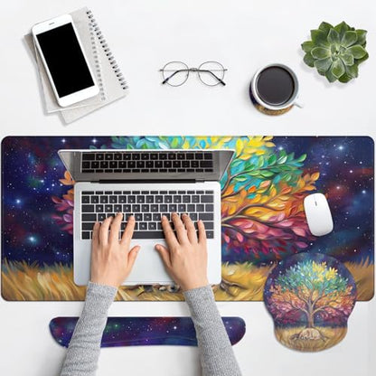 Britimes Keyboard Mouse Pad Set, 4 in 1 Desk Mat Set, Tree Oil Painting - color: Colorful Tree