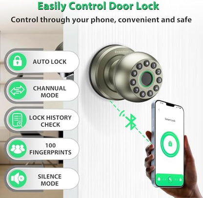 Smart Door Knob Fingerprint Door Lock 4-in-1 Keyless Entry (Fingerprint/App/Code/Key) with Auto-Lock Easy Install for Home/Bedroom/Office-Silver - color: Silver