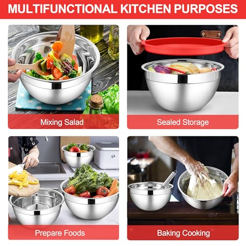 LIANYU 6 PCS Red Mixing Bowls Set, Household Essentials Gift for New Home - color: Red, style: Atlas Base with Airtight Lids
