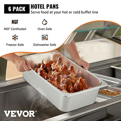VEVOR 6 Pack Hotel Pans, Full Size 6-Inch, Stainless Steel Steam Table Pans，Anti-Jam Catering Trays for Steam Tables, for Home, Party, Restaurant, Hotel, Buffet - size: 1/1 Size, style: 6 inch Deep 6 Pack