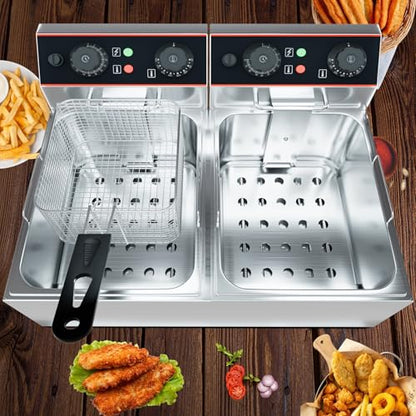 23 QT Commercial Deep Fryer with Double Baskets and Lid, Electric Stainless Steel Countertop Commercial Oil Fryer, Adjustable Temperature Control, for Kitchen and Restaurant