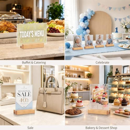 Acrylic Sign Holder with Wood Base, 4 Pack Vertical/Slant Acrylic Display - color: Natural, size: 4"x6"