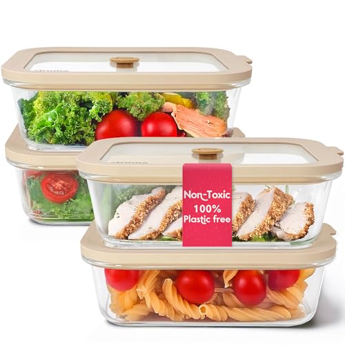 Non-Toxic Glass Food Containers with Lids, 4-Pack, 35 oz, Airtight, Beige - color: Beige, size: 35 Oz