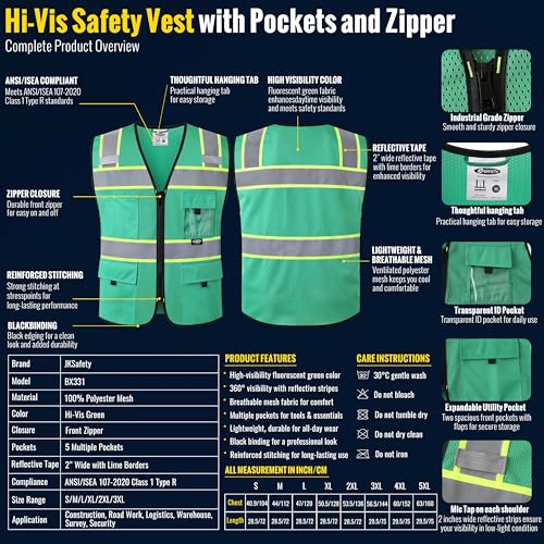 JKSafety Safety Vest for Men Women Hi Vis Relfective Vest with Pockets High Visibility Meet ANSI Standard - color: 331-green, size: Large
