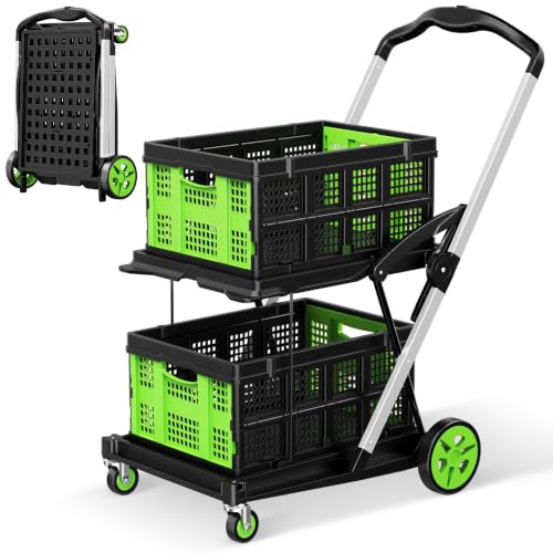 Collapsible Shopping Cart, 8-in-1 200LBS Multi Functional Utility Cart with 2 Storage Crate,Adjustable Handle Grocery Cart on Wheels for Shopping/Warehouse/Office/Supermarket -Green - color: Green