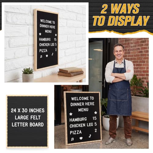 24 x 30 Inches Felt Letter Board & LED Light, Black, Natural Wood - color: Black, size: 24 x 30 Inches, style: Natural Wood