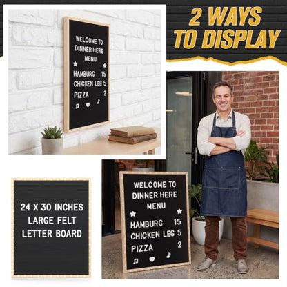 24 x 30 Inches Felt Letter Board & LED Light, Black, Natural Wood - color: Black, size: 24 x 30 Inches, style: Natural Wood