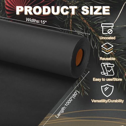 PATIKIL Wrapping Paper, 15"x1000"(80') Bulletin Board Paper Roll Kraft Paper Roll Construction 80GSM for Shipping Packing Gift Wrapping Craft Flower Bouquet Christmas, Black - color: Black, size: 15x1000 Inch