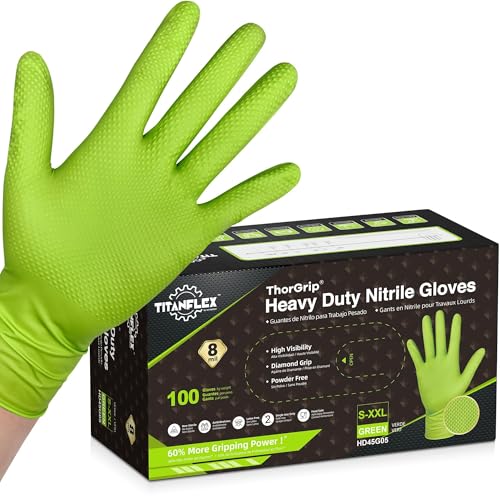 TitanFlex Heavy Duty Industrial Nitrile Gloves with Raised Diamond Texture, 8-mil, Latex Free (Green/Dark Green/Yellow) - color: Green (100ct), size: Medium