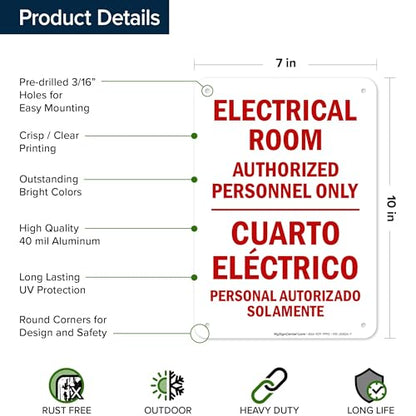 Electrical Room Authorized Personnel Only Bilingual Sign, 10x7 Inches, Rust Free .040 Aluminum, Fade Resistant, Made in USA by My Sign Center - size: 7x10 Aluminum
