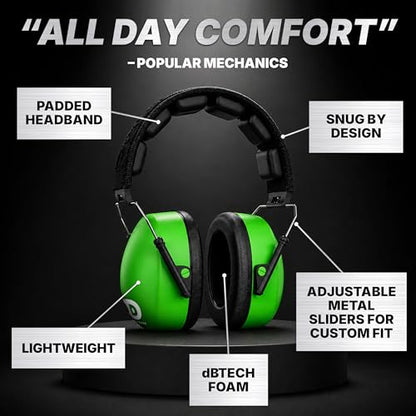 DECIBEL DEFENSE Ear Protection, 37 dB NRR Ear Muffs (SAFETY GREEN) - color: Safety Green, size: Regular