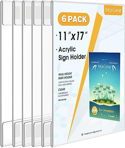 MaxGear Acrylic Sign Holder 11 x 17 Wall Mount with Tape, 6 Pack, Vertical - size: 11"x17"-6Pack