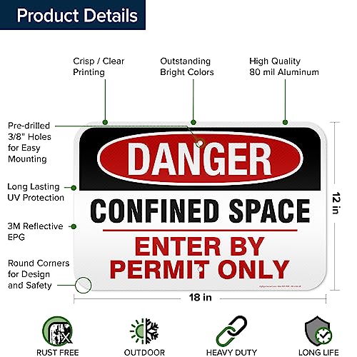 Danger Confined Space Enter By Permit Only Sign, 12x18 Inches, 3M EGP - size: 12x18 - Aluminum Reflective