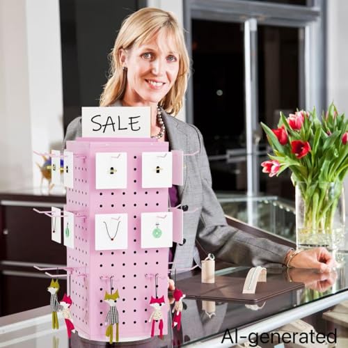 Rotating Pegboard Display Stand With 24 Hooks ,Metal Spinning Peg Board Displays, Desk Pegboard,Merchandise Display Rack for Selling Accessories Vendors & Events Retail Craft Shows & Fairs ( Pink) - color: Pink