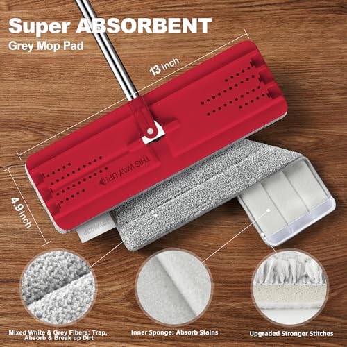 JOYMOOP Flat Mop, Microfiber Mop Head for Floor Cleaning, 50" Handle with 13" Flat Head, Black & Red - color: O