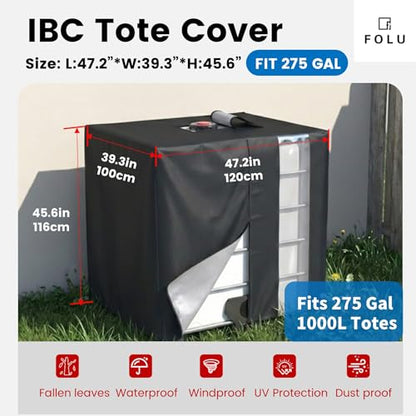 IBC Tote Cover, 420D Heavy Duty Waterproof Oxford Fabric for 1000L IBC Container Rain Water Tank Outdoor 275 Gallon Rain Barrel Foil Anti-Dust Cover Sun Protection Anti-UV