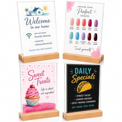 5x7 Acrylic Sign Holder with Wooden Base 4 Pack Adjustable Vertical/Tilt - color: Natural, size: 5"x7"