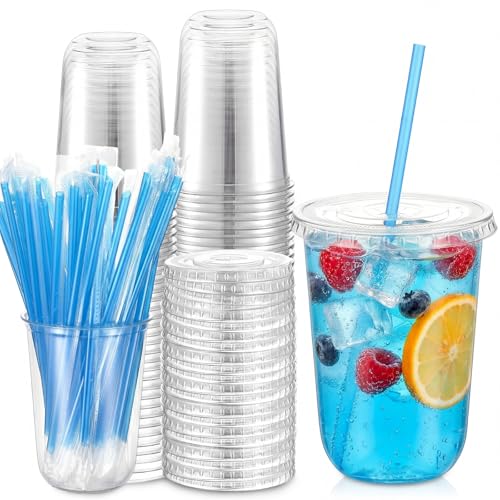 Ziliny 50 Pack 16 oz Plastic Cups with Lids Straws Iced Coffee, Blue - color: Blue, size: 16 oz