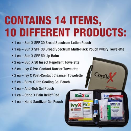 CoreTex 14-Piece Outdoor Skin Protection Kit – Includes Sunscreen, Insect Repellent, Poisonous Plant Solutions, Burn Gel Packets, Itch Relief Gel, Sting Relief Wipe, Hand Sanitizer & Nylon Zipper Case - style: 14 Piece Outdoor Protection Kit