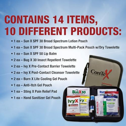 CoreTex 14-Piece Outdoor Skin Protection Kit – Includes Sunscreen, Insect Repellent, Poisonous Plant Solutions, Burn Gel Packets, Itch Relief Gel, Sting Relief Wipe, Hand Sanitizer & Nylon Zipper Case - style: 14 Piece Outdoor Protection Kit
