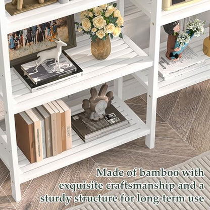 Homykic 72.5” Tall Bamboo Bookshelf White, 6-Tier Double Wide Open Bookcase - color: White, size: Double Wide