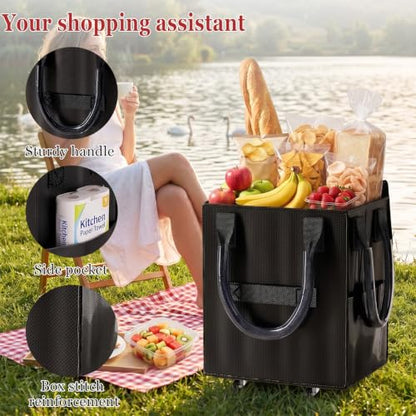 Reusable Grocery Bag on Wheel, Foldable Shopping Cart with Wheels, Can Carry up to 67 Pounds, Suitable for Groceries, Laundry, Camping and Moving. (Black - Small) - color: Black - Small