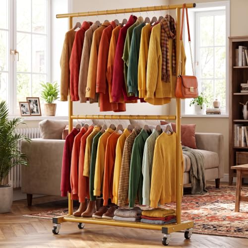 Sywhitta Double Rod Metal Clothing Rack on Wheels with Bottom Mesh,Gold - color: Gold, size: With mesh