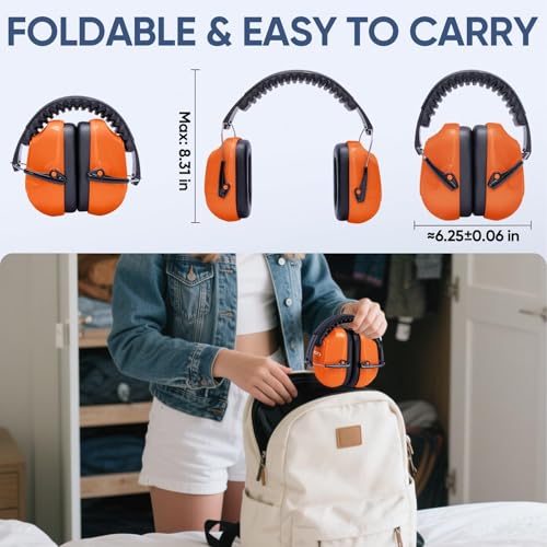 TICONN Noise Cancelling Ear Muffs for Adults, SNR 33dB Hearing Protection, Adjustable Safety Earmuffs for Construction - color: Bright Orange