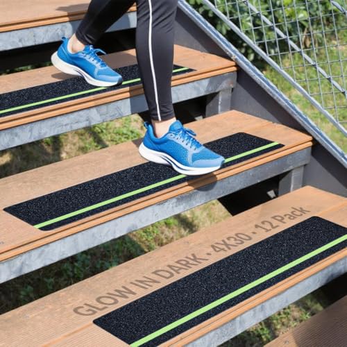 Outdoor Stair Treads Non-Slip 4" x 30" 12-Pack Waterproof Grip Tape Glow - color: Green, size: 4" x 30"
