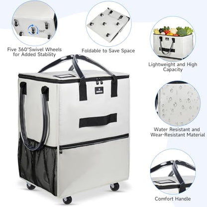Large Reusable Grocery Bag On 5 Wheels, 130L Foldable Rolling Tote Bag - color: Beige, size: Large
