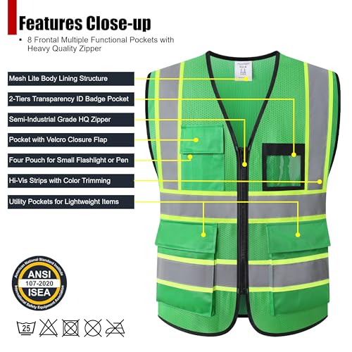 Reflective Safety Vest for Men Women Hi Vis Vest with 8 Pockets High Visibility Mesh Reflective Vest (Green-07,Large) - color: Green, size: Large