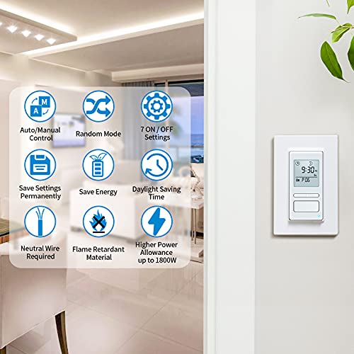 Ortis 7 Day Programmable in-Wall Timer Switch, Sunrise/Sunset Automatic Control and Random Security Mode, Digital Light Switch Timer Indoor with LCD Display for Lights/Fans, Neutral Wire Required - color: White