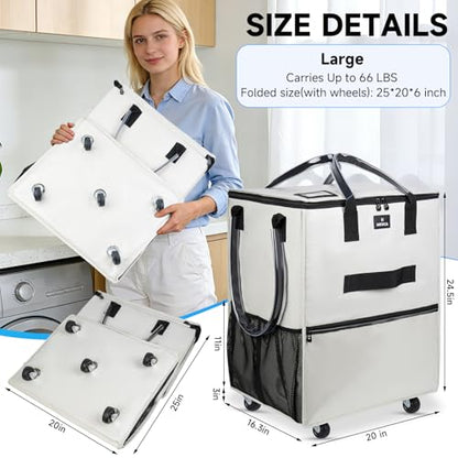 Large Reusable Grocery Bag On 5 Wheels, 130L Foldable Rolling Tote Bag - color: Beige, size: Large