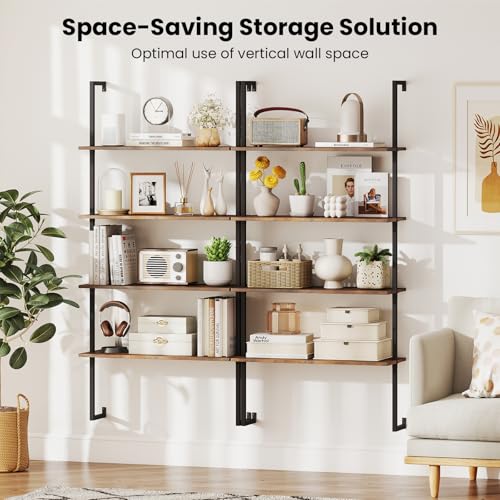 Tangkula 4-Tier Wall Mounted Bookshelf, Wood Ladder Shelf - color: Brown