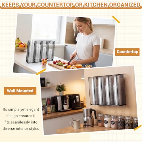 Thenshop 2 Pack Wall Mount Sauce Cup and Lid Holder - 4 Compartment Black Iron Dispenser Fits 2 to 5.5 oz Cups, Space Saving Organizer for Coffee Bar, Restaurant & Kitchen Counter, 13 x 10 x 3.26