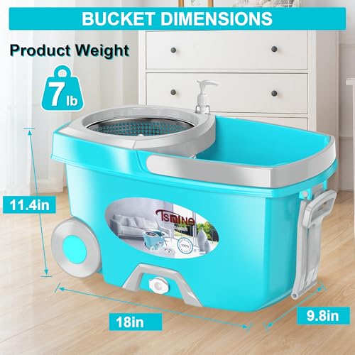 FunClean Large Spin Mop Bucket Set with Wringer, 2 Gal Capacity, Blue - size: Large - 6 Mop Heads - Blue