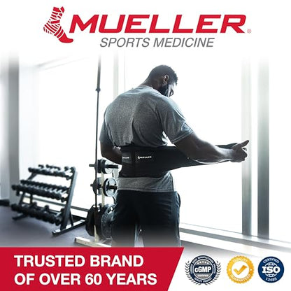 MUELLER Sports Medicine Adjustable Lumbar Back Brace, Lower Back Pain Relief and Support Belt for Men and Women, Black, One Size Fits Most