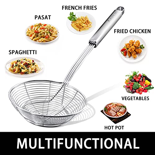 Anaeat Stainless Steel Spider Strainer Skimmer - Solid Kitchen Strainer Ladle with Long Handle for Cooking and Frying, Reinforced Double Coil Slotted Spoons for Pasta, Noodle, Spaghetti (7 Inch) - color: 7" Double Coil Skimmer