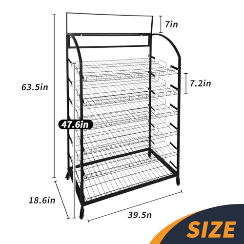 TONGMO Bakery Display Rack: Equipped with Wheels and Header Holder, 39.5" Wide Potato Chip Display Rack, 6 Shelves Snack Rack Display.(39.5", 6-Shelves, Black)