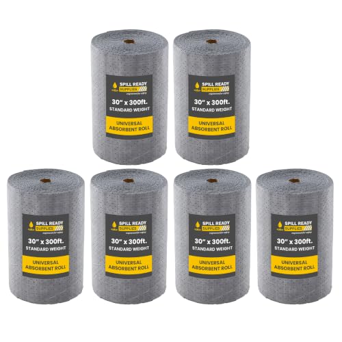 (6 Rolls) Universal Absorbent Pads Roll 30" x 300' - Absorbs Up to 80 gal. per roll, Perforated Industrial Spill Pad for Oil, Coolant & Water - Gray Sorbent Pads, Wide Spill Absorbent Pads - color: 30" x 300' Standard Roll, size: 6