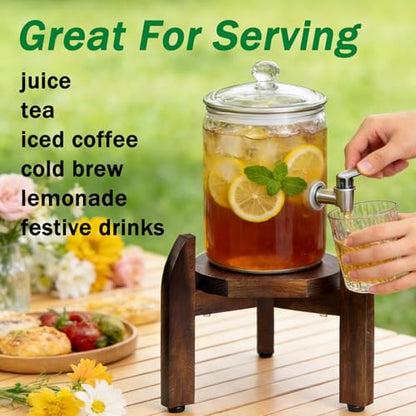 Drink Dispenser Stand Adjustable Width for 5-Gal Jugs & Beverage Jars with Round Flat Tray - Sturdy Walnut Holder for Water Coolers, Plant Pots (Walnut wood color)