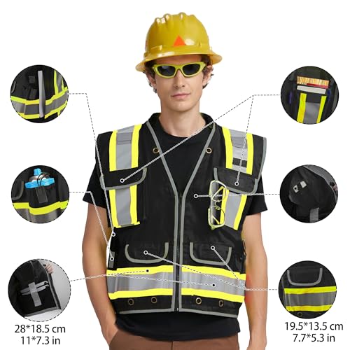 AYKRM Heavy Woven cotton High Vis Reflective work construction safety vest for men Class 2 with ipad Cargo Back Pocket - color: Black-01, size: XX-Large
