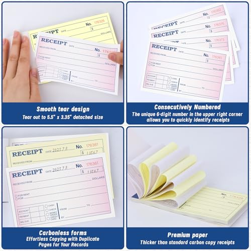 20 Packs Money and Rent Receipt Book, 3-11/32" x 5-5/8" Rent Receipt Books, 2 Part Carbonless for Small Business, Receipt Pad with Consecutive Numbering & Wraparound Cover, 40 Sets per Book - size: 3-11/32" x 5-5/8"-20 PCS, style: Rent Receipt Book Style